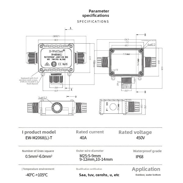 IP68 Waterproof 2-Port Split-Type Junction Box