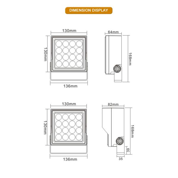 High Efficiency Led Flood Light 16W Die Casting Aluminum DC24V AC220V IP65 130*130MM Square Shape