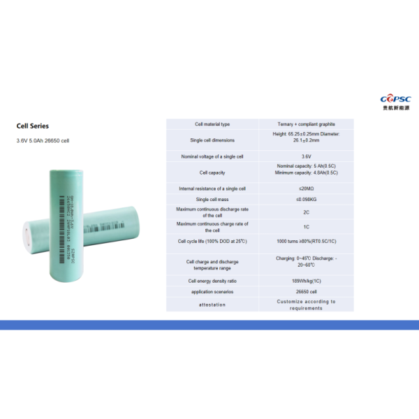 3.6V 5.0Ah 26650 cell