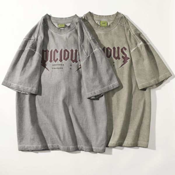 300g 100% Cotton Knitted Oversized Solid Vintage Breathable Letter Printed Washed T-shirt OEM Short Sleeved ODM