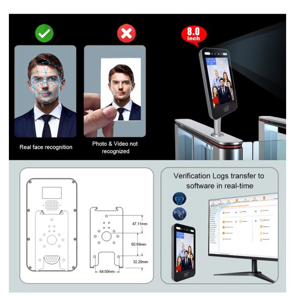8 Inch Screen Dynamic Biometric Time Attendance System Fingerprint Face Recognition Access Control Device WIFI Cloud
