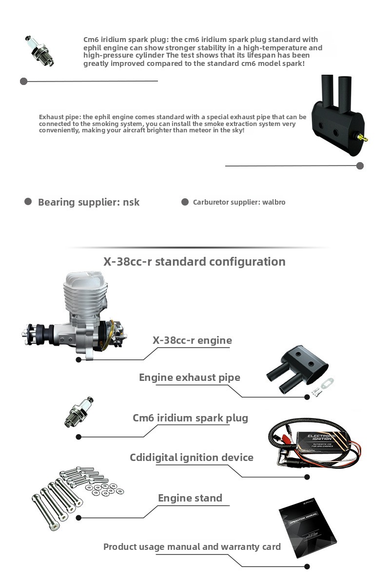 X-38CC-R Model Single Cylinder Two-Stroke Rear Fixed Wing Engine Durable Metal RC Drone for Remote Control Use