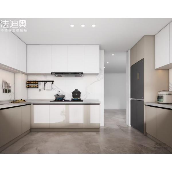 L-Shaped Stainless Steel Kitchen Cabinet - Soft Gray & White Two-Tone