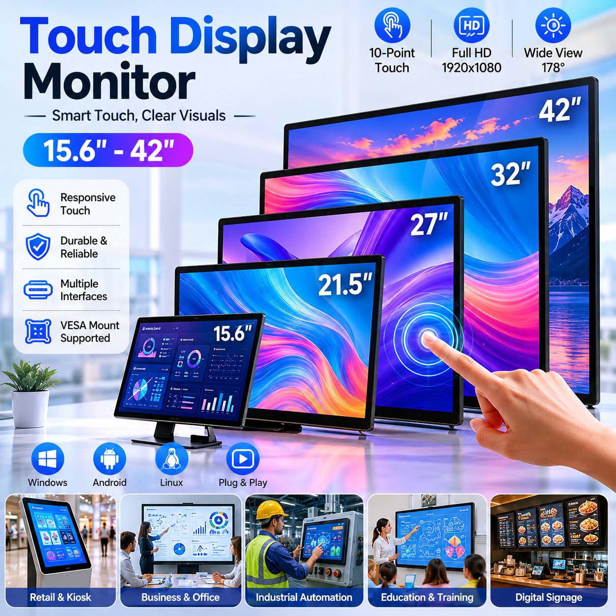 Custom LOGO 8~24 Inch Industrial LCD Display IP65 Waterproof Panel Mount Resistive/PCAP Touch Screen Panel PC Industrial Monitor