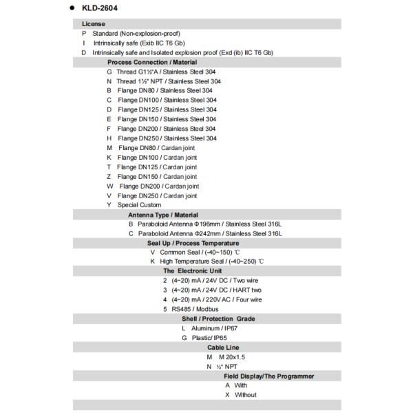 KLD 26GHz Series 4 - 20mA HART Radar Level Meter Solid Particles Level Meter