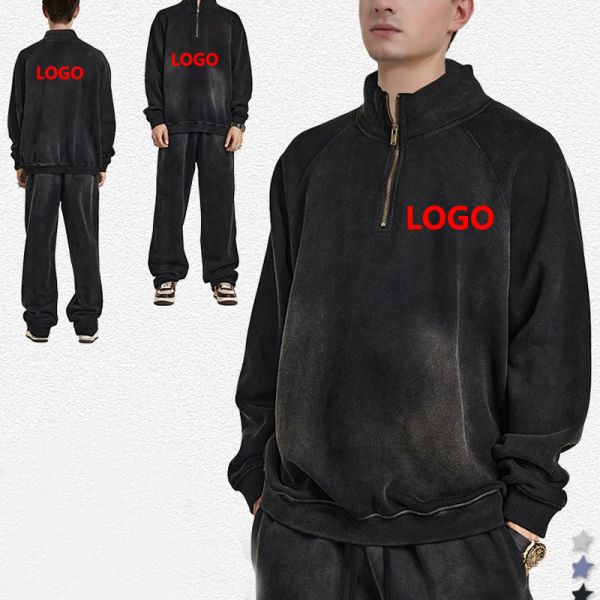 Customized Breathable 3D Embroidery Oversized Vintage Washed Half Zipper Hoodie Sweatpants Set Worn-out Style Winter Men's