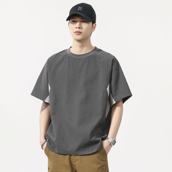 Oversized Solid Vintage Knitted Quick Dry Foam Short Sleeve T-shirt Men's Summer Thin Ice Silk Cool Neck 100% Polyester OEM