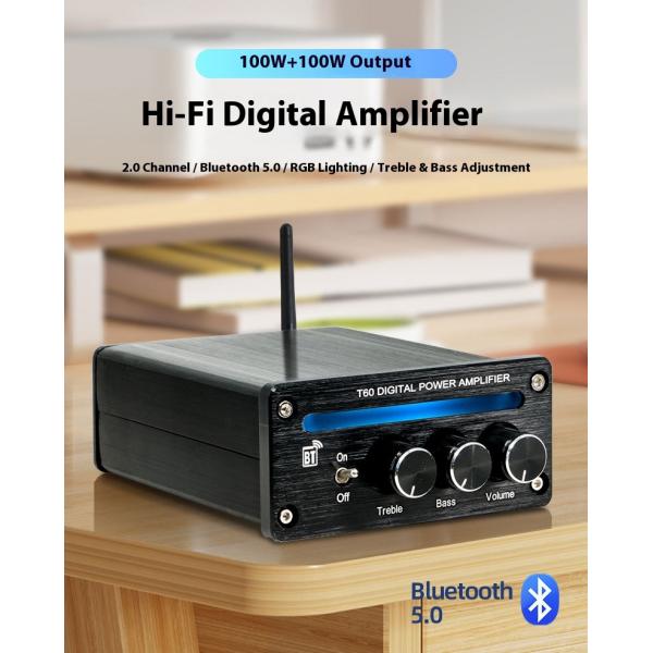 2.0 Channel 2*100W BT 5.0 RGB Light Adjustable Treble Bass High-Power Linear Amplifier New Digital Stereo Home Mini Hifi