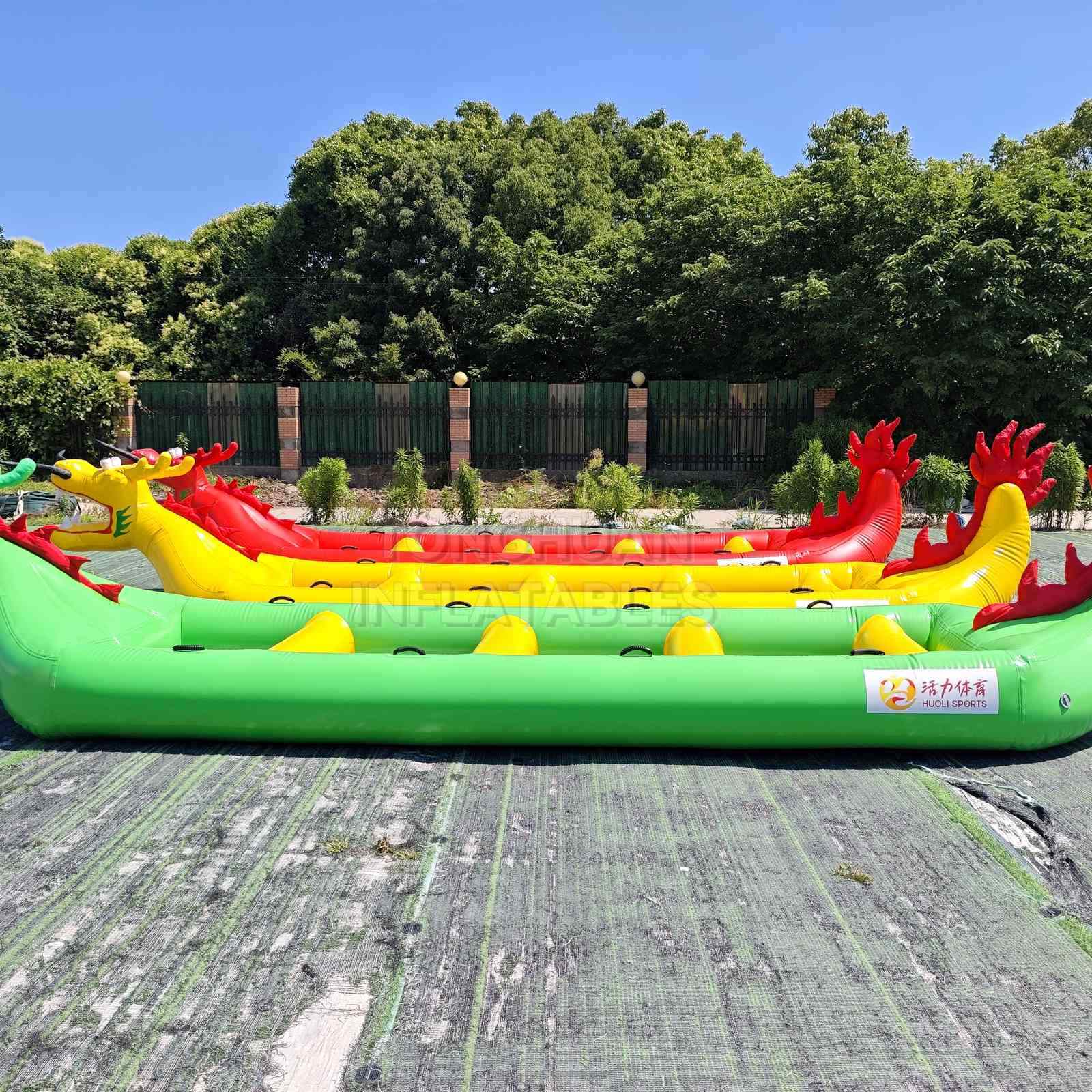 Custom Inflatable Dragon Boat with Multi Person Bench Seats Reinforced Grab Handles and Color Options for Team Racing Lake Events and Water Rentals