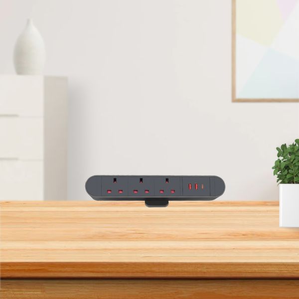 Portable Surge Protector with 20W USB Charge and 3 BS Outlets for 45mm Max Desk Thickness