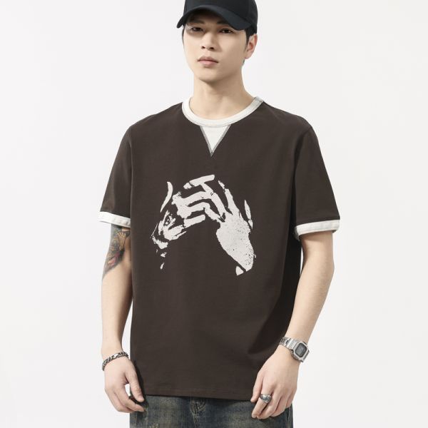 Vintage Knitted Retro Two Piece Heavyweight Solid Breathable O-Neck T-Shirt Men's Short Sleeved Summer Regular Fit 100% Cotton