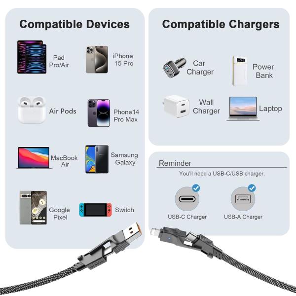 60W USB Fast Charging Cable Braided Dual Type C Cord 4 In 1 Multi Charging Cable