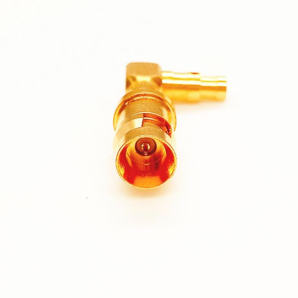 SMP Male Right Angle RF Coaxial Connector with DC-18GHz Frequency Range and Gold-Plated Brass Body