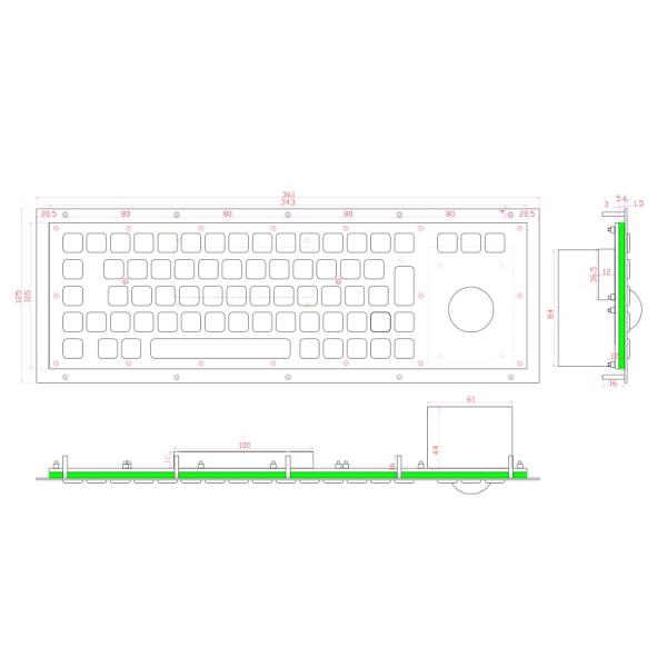Panel Mount 69 Keys Trackball Black Metal Keyboard with Linux , Unix , Mac OSX