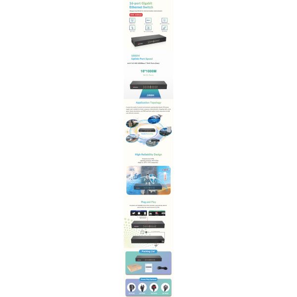 16 Port Gigabit Ethernet Switch With 4.1M Buffer Memory Plug And Play Operation