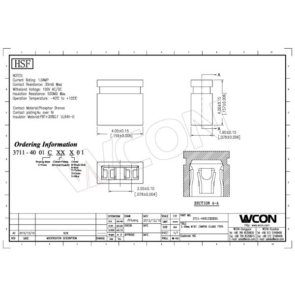 2.54mm WCON Connectors Mini Jumper Open/Close Type PBT Black SN Over Ni Plating