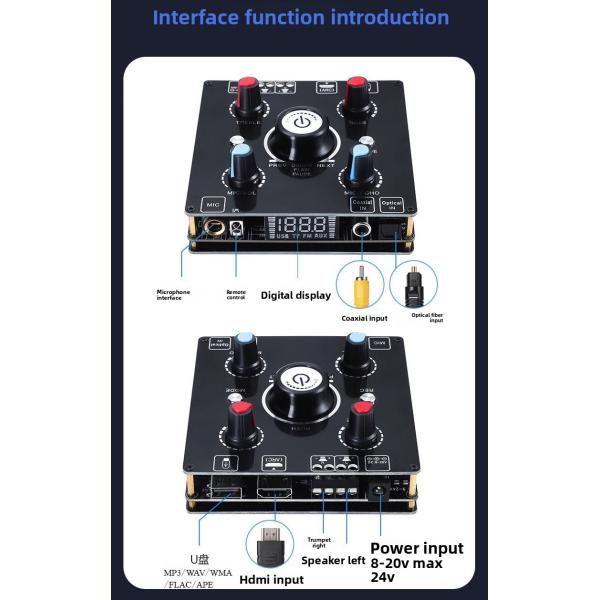 2.0 Channel High-Power 100W Wireless Karaoke Amplifier BT Lossless Decoding HDML ARC Optical Fiber Coaxial Electronics Stock