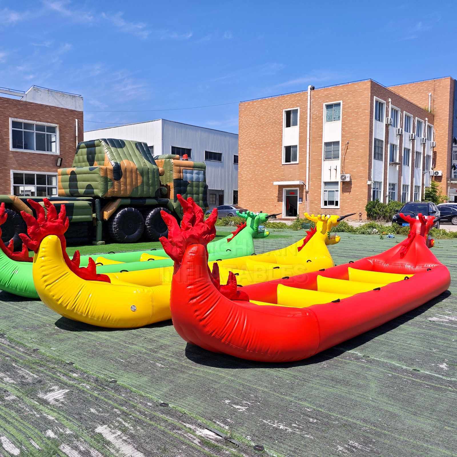 Custom Inflatable Dragon Boat with Multi Person Bench Seats Reinforced Grab Handles and Color Options for Team Racing Lake Events and Water Rentals