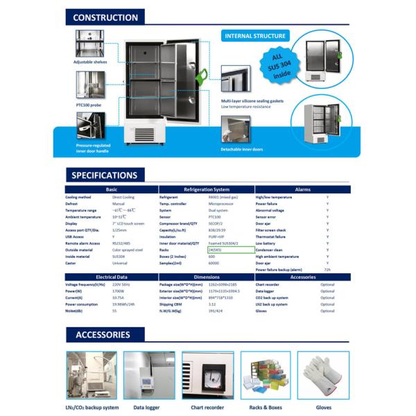 Minus 86 Degree LCD Touch Screen Ultra Low Temperature Lab Freezer 838 Liter
