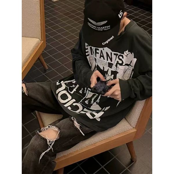 Factory Customized Cotton/Polyester 280g Washed Blank Vintage Breathable Rock Long Sleeve T-shirt Oversized Fit