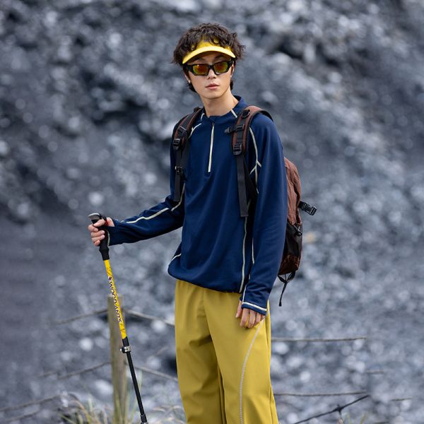 Custom Men's Quarter Zip Stand Collar Thermal Fleece Pullover Antibacterial Contrast Stitching Outdoor Hiking Top