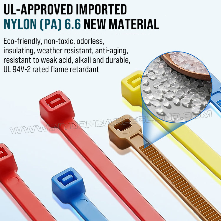 Polyamide nylon material of colored cable ties Colored Cable Tie 200mm x 4.8, 3~50mm Adjustable Nylon 66 Multicolor Zip Tie (222N / 50LBS) for Cable Visual Management