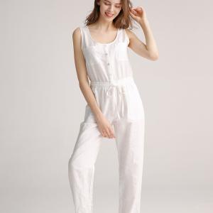 China XL XXL Womens Casual Linen Pants Lily Button Down Sleeveless Romper In Ivory on sale