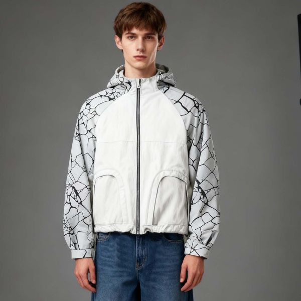 Custom Zip up Windbreaker Jacket Nylon Polyester Adjustable Cuff Printed Sleeve Wholesale Sportswear Jacket for Men