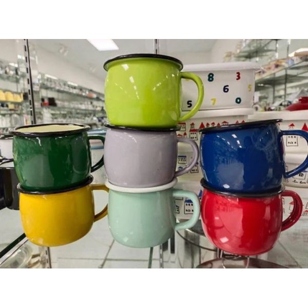 Eco Friendly Natural Custom Handmade Coffee Mug Tea Drinking Cups Enamel Coating Double Coating Carbon Steel Cup Handle