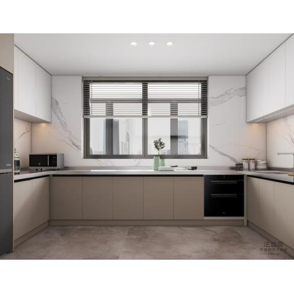 L-Shaped Stainless Steel Kitchen Cabinet - Soft Gray & White Two-Tone