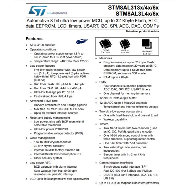 STM8AL3168TAX Microcontroller IC With 8-Bit 16MHz 32KB (32K x 8) FLASH 48-LQFP