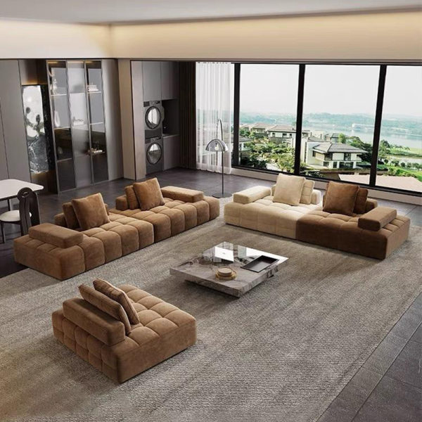Custom Convertible Reclining Full Sponge Filled Fabric Corner Sofa Set Vacuum Compressed Packing Frameless Living Room