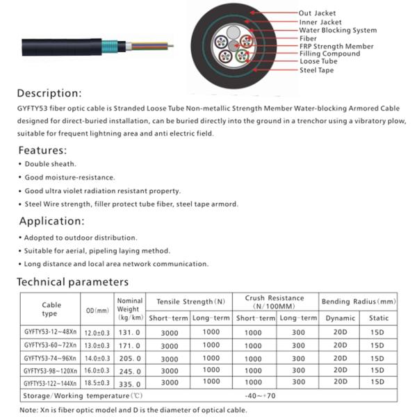 Single Mode Fiber Optic Cable , Armoured Cable Outdoor Direct Buried GYFTY53 Type