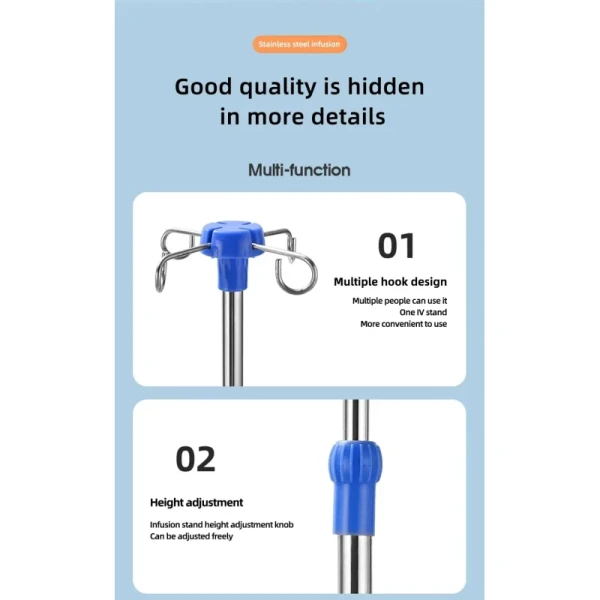 Adjustable Height Hospital Infusion Stand Easy to Move and Power Type Without Power in Blue
