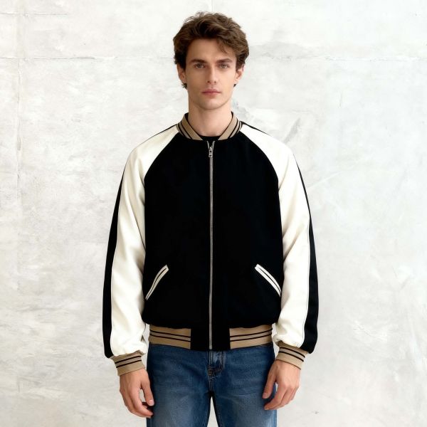 Wholesale Custom Embroidery logo Satin Bomber Jacket for Men Sports Letter V-neck Reversible Varsity Baseball Jersey Jacket