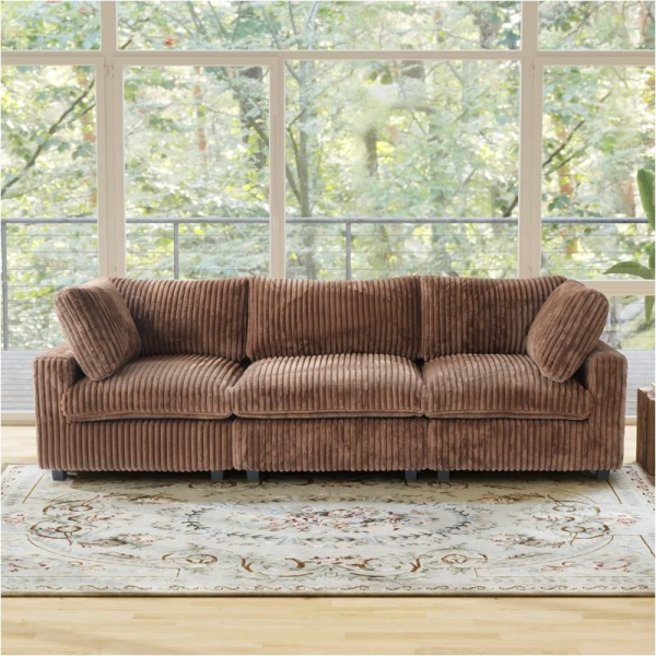 Custom Wood Frame Corner Sofa Modular Sectional Sofa Set Brown Corduroy Fabric Sponge 3 Seater Could Couch for Living Room