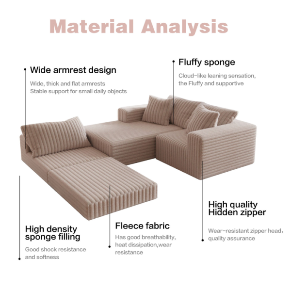 Modular Compressed Reclining L-Shaped Sectional Sofa Bed with High-Density Sponge Foldable Design for Living Room