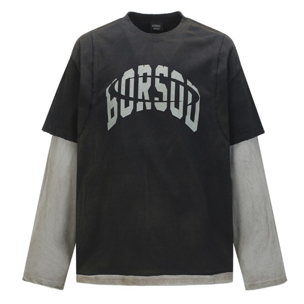 Customen Retro Washed Worn Dirty Dyed 100% Cotton Oversized Two-Piece Long-Sleeved T-shirt Letter Pattern Spring Unisex