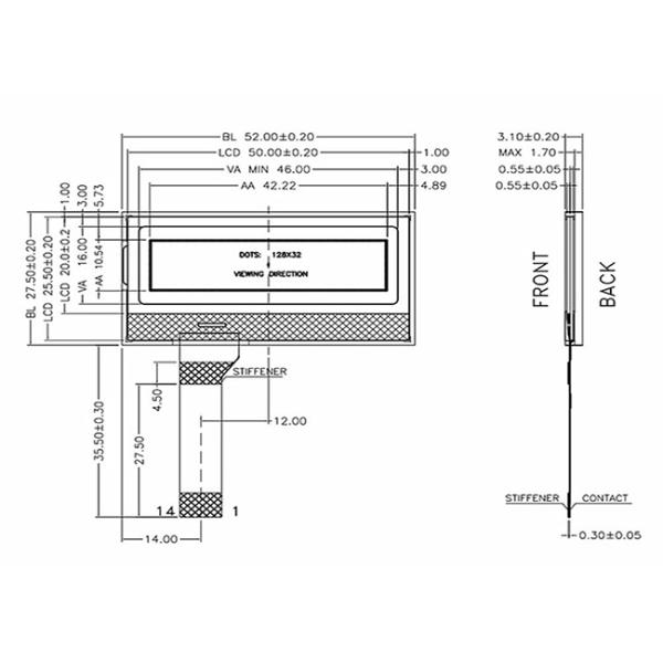 128 X 32 Dot matrix COG LCD Module Transflective Type LED backlight Durable