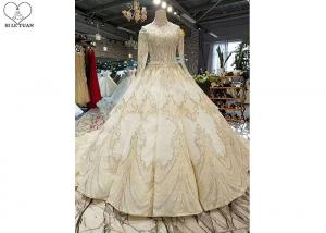 China High Neck Ivory Ball Gown Wedding Dress Backless Long Sleeve Gold Beading on sale