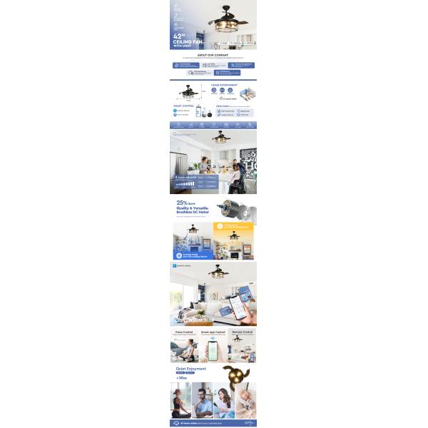 42 Inches Farmhouse Retractable Ceiling Fan Light Invisible Blade