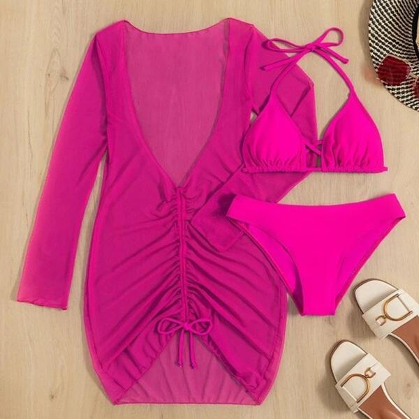Wire Free Three Piece Swimwear Regular Thickness For Swimming Pure Color Green Pink Color Fashion In Stock Comfortable