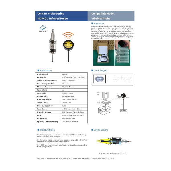 MDP40 High Accuracy Wireless CNC Touch Probe 3D Edge Finder Measuring Sensor Kit for CNC Machines