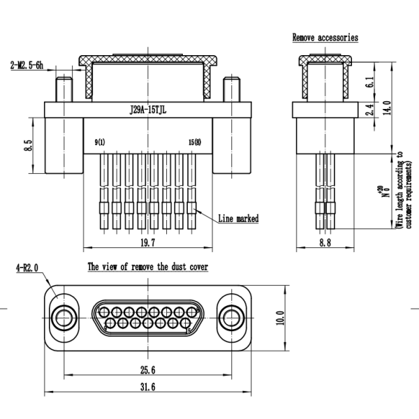 J29A-15TJL Rectangular Electrical Connector with 15 Pins Threaded Locking and Precision Twisted Wire Elastic Pins