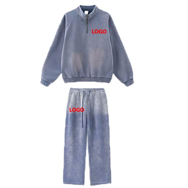 Customized Breathable 3D Embroidery Oversized Vintage Washed Half Zipper Hoodie Sweatpants Set Worn-out Style Winter Men's
