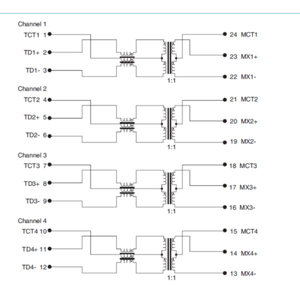 1000Base-T Single Port Mini-Magnetics Modules Designed to Support 1:1 Turns Ratio Transceivers H5079NL