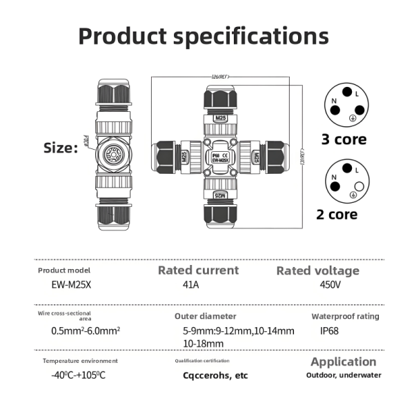 M25x1.5 3-Pin Screw Locking IP68 Waterproof Through-Type Connector