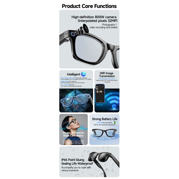 Smart Audio Glasses Wireless Calls Earphones Voice Assistant Sunglasses