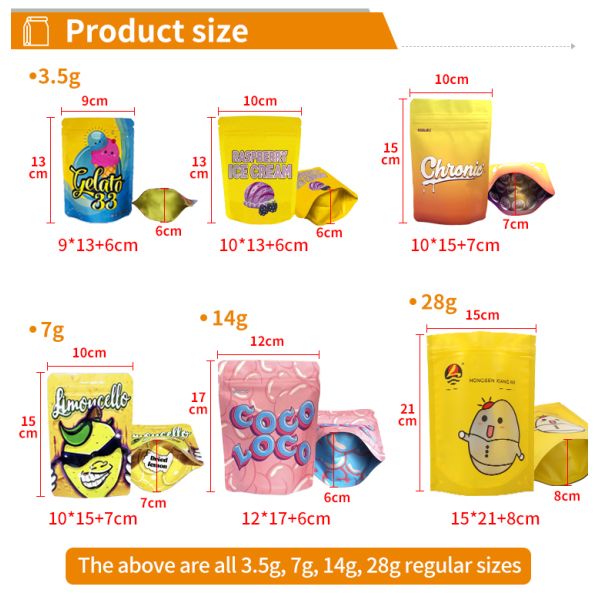 Zhihe Custom Printed Shape Mini Mylar Bags 3.5g 28g Child Resistant Smell Proof Resealable Soft Touch Cali Pack for Jelly