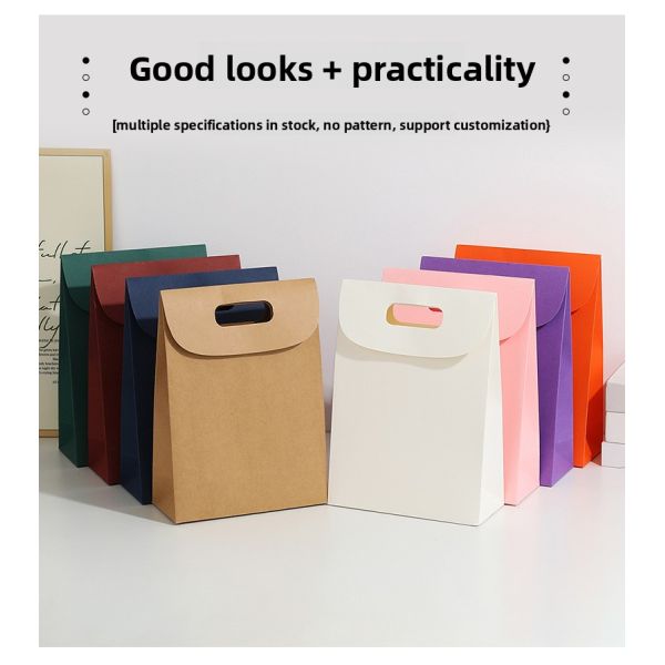 Wholesale Customizable Candy Kraft Paper Bag Solid Color Flip Cover Handbag with LOGO Gift Paper Bag